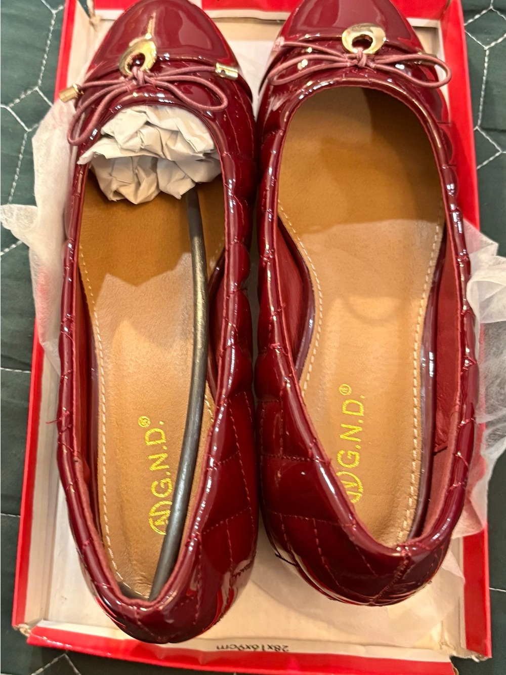 Womens Burgundy Patent Quilted Ballet Flats with Bow Accent